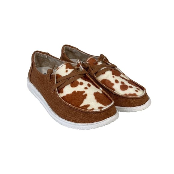 Gypsy Jazz Mooma Slip On Cow Print Loafer Faux Calf Hair Brown White Womens 7.5 - Picture 1 of 8